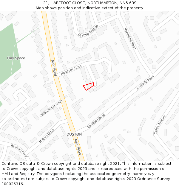 31, HAREFOOT CLOSE, NORTHAMPTON, NN5 6RS: Location map and indicative extent of plot
