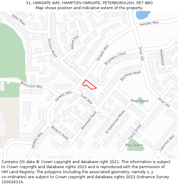 31, HARGATE WAY, HAMPTON HARGATE, PETERBOROUGH, PE7 8BG: Location map and indicative extent of plot