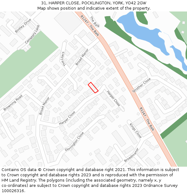 31, HARPER CLOSE, POCKLINGTON, YORK, YO42 2GW: Location map and indicative extent of plot