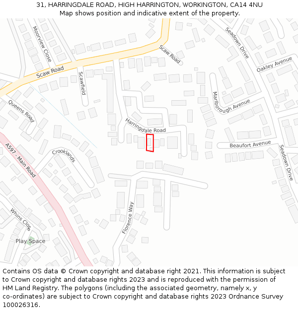 31, HARRINGDALE ROAD, HIGH HARRINGTON, WORKINGTON, CA14 4NU: Location map and indicative extent of plot