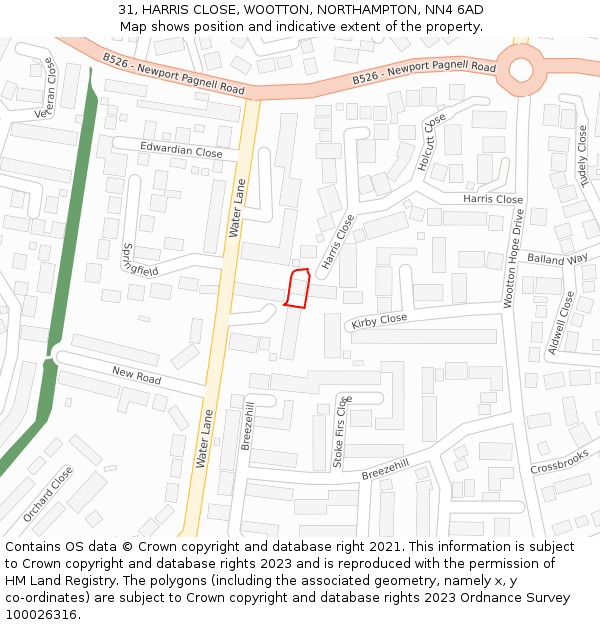 31, HARRIS CLOSE, WOOTTON, NORTHAMPTON, NN4 6AD: Location map and indicative extent of plot