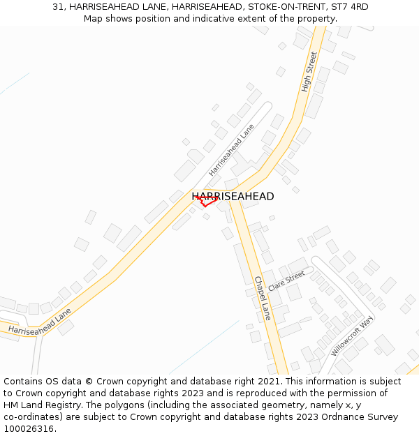 31, HARRISEAHEAD LANE, HARRISEAHEAD, STOKE-ON-TRENT, ST7 4RD: Location map and indicative extent of plot