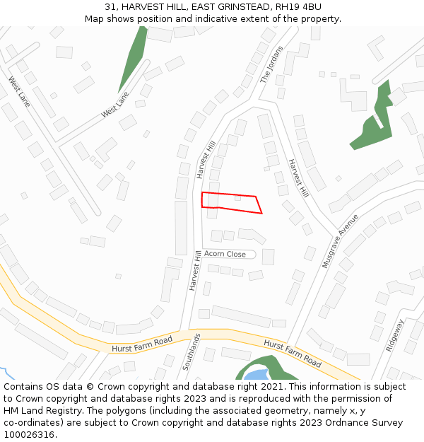 31, HARVEST HILL, EAST GRINSTEAD, RH19 4BU: Location map and indicative extent of plot