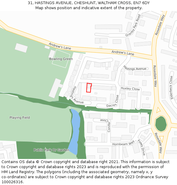 31, HASTINGS AVENUE, CHESHUNT, WALTHAM CROSS, EN7 6DY: Location map and indicative extent of plot