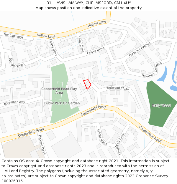 31, HAVISHAM WAY, CHELMSFORD, CM1 4UY: Location map and indicative extent of plot