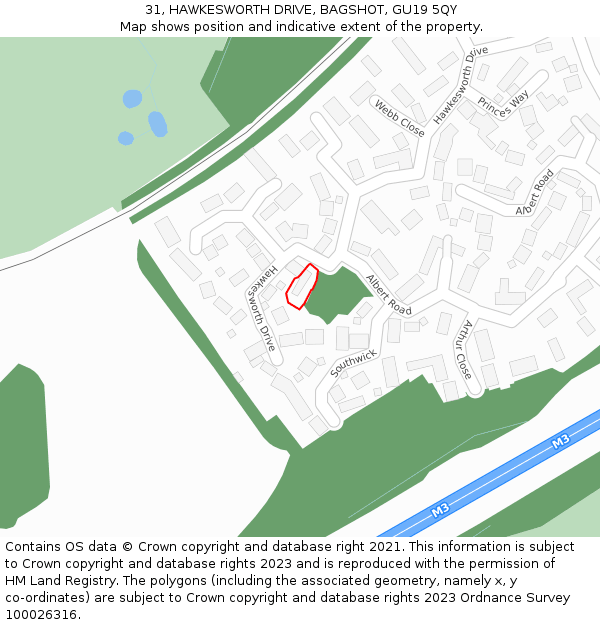 31, HAWKESWORTH DRIVE, BAGSHOT, GU19 5QY: Location map and indicative extent of plot