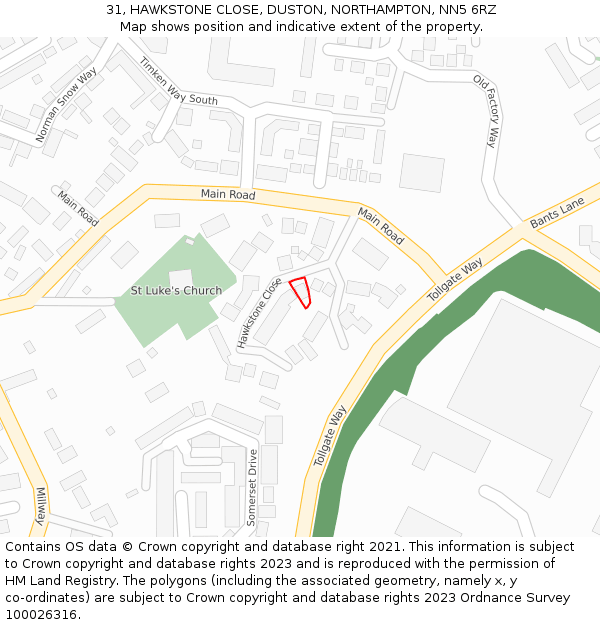 31, HAWKSTONE CLOSE, DUSTON, NORTHAMPTON, NN5 6RZ: Location map and indicative extent of plot