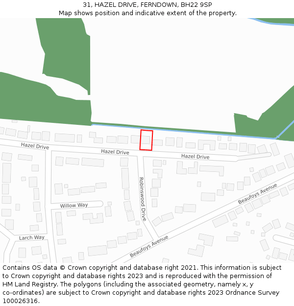 31, HAZEL DRIVE, FERNDOWN, BH22 9SP: Location map and indicative extent of plot