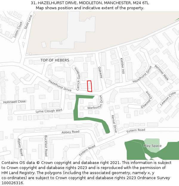 31, HAZELHURST DRIVE, MIDDLETON, MANCHESTER, M24 6TL: Location map and indicative extent of plot