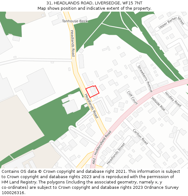 31, HEADLANDS ROAD, LIVERSEDGE, WF15 7NT: Location map and indicative extent of plot