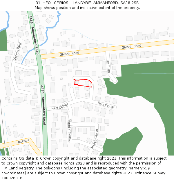 31, HEOL CEIRIOS, LLANDYBIE, AMMANFORD, SA18 2SR: Location map and indicative extent of plot