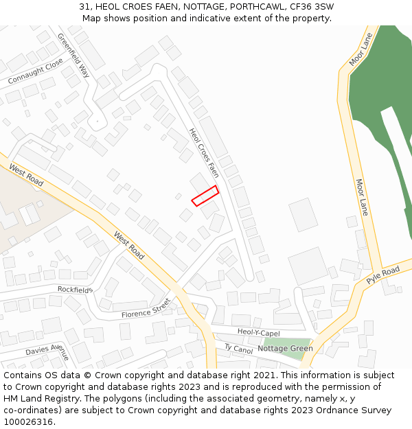 31, HEOL CROES FAEN, NOTTAGE, PORTHCAWL, CF36 3SW: Location map and indicative extent of plot