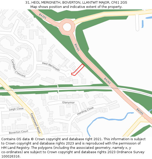 31, HEOL MERIONETH, BOVERTON, LLANTWIT MAJOR, CF61 2GS: Location map and indicative extent of plot
