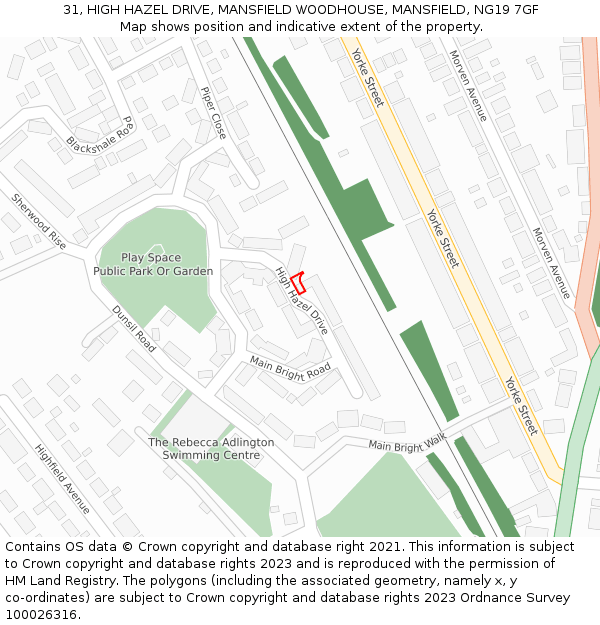 31, HIGH HAZEL DRIVE, MANSFIELD WOODHOUSE, MANSFIELD, NG19 7GF: Location map and indicative extent of plot