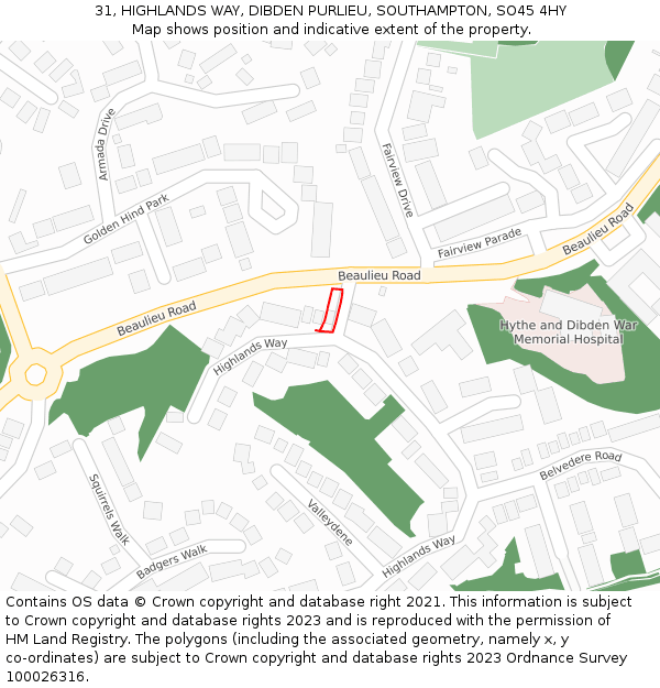 31, HIGHLANDS WAY, DIBDEN PURLIEU, SOUTHAMPTON, SO45 4HY: Location map and indicative extent of plot