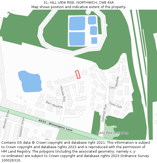 31, HILL VIEW RISE, NORTHWICH, CW8 4XA: Location map and indicative extent of plot