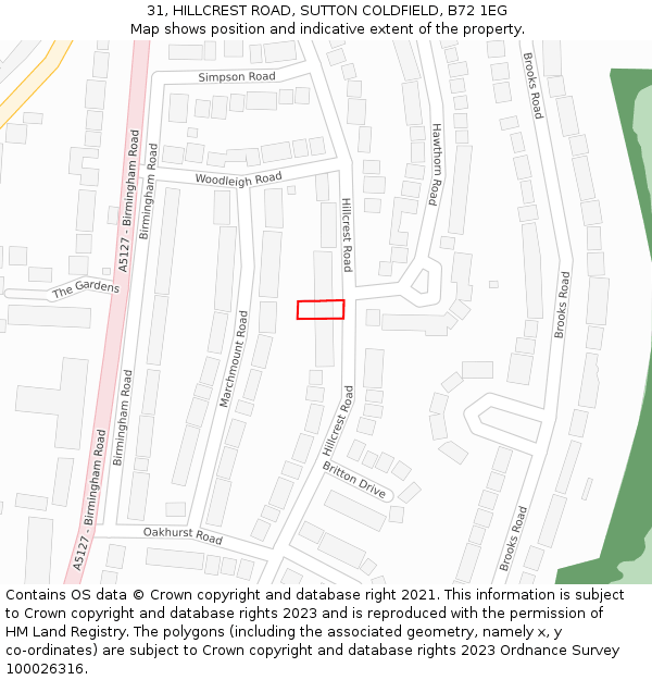 31, HILLCREST ROAD, SUTTON COLDFIELD, B72 1EG: Location map and indicative extent of plot