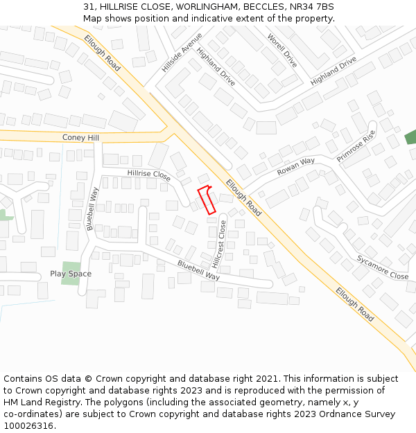 31, HILLRISE CLOSE, WORLINGHAM, BECCLES, NR34 7BS: Location map and indicative extent of plot