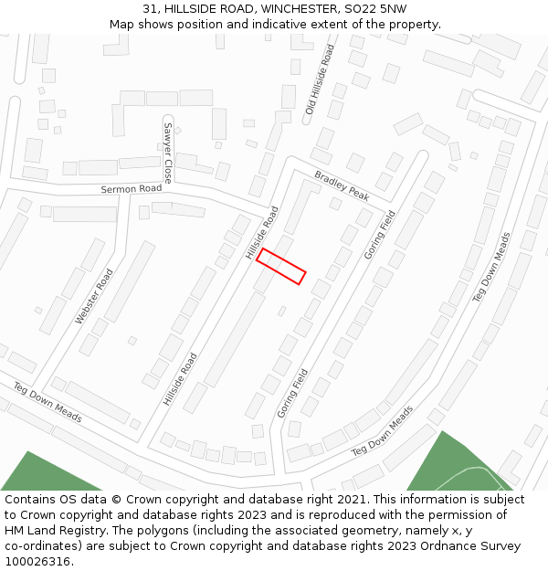 31, HILLSIDE ROAD, WINCHESTER, SO22 5NW: Location map and indicative extent of plot