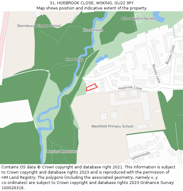 31, HOEBROOK CLOSE, WOKING, GU22 9PY: Location map and indicative extent of plot