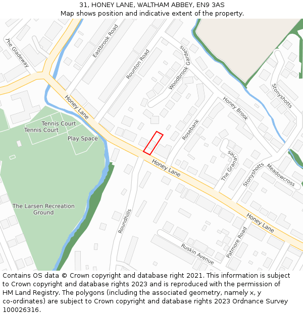 31, HONEY LANE, WALTHAM ABBEY, EN9 3AS: Location map and indicative extent of plot