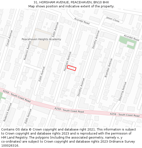 31, HORSHAM AVENUE, PEACEHAVEN, BN10 8HX: Location map and indicative extent of plot