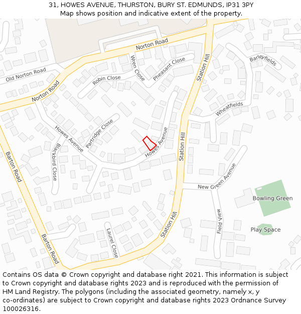 31, HOWES AVENUE, THURSTON, BURY ST. EDMUNDS, IP31 3PY: Location map and indicative extent of plot