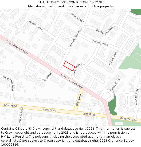 31, HULTON CLOSE, CONGLETON, CW12 3TF: Location map and indicative extent of plot