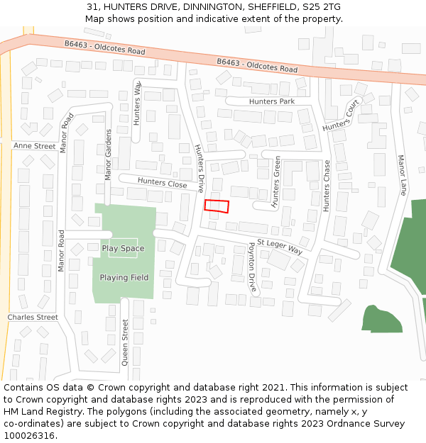 31, HUNTERS DRIVE, DINNINGTON, SHEFFIELD, S25 2TG: Location map and indicative extent of plot