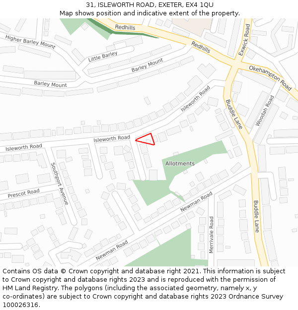 31, ISLEWORTH ROAD, EXETER, EX4 1QU: Location map and indicative extent of plot