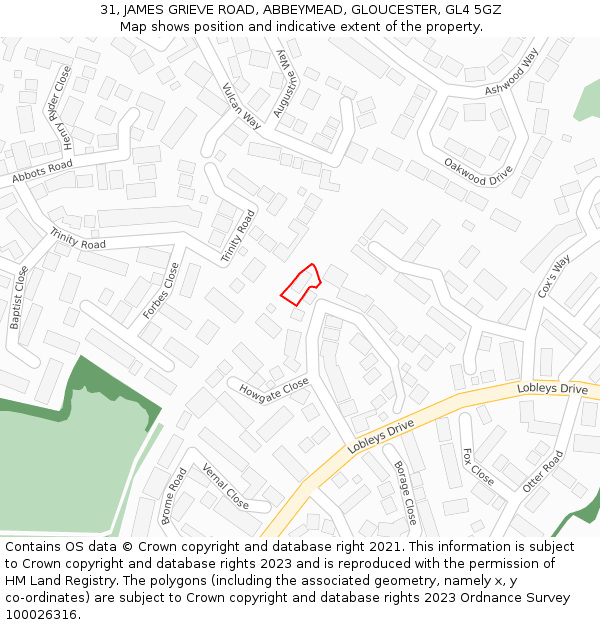 31, JAMES GRIEVE ROAD, ABBEYMEAD, GLOUCESTER, GL4 5GZ: Location map and indicative extent of plot