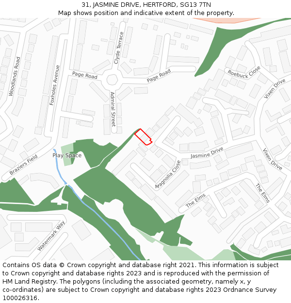 31, JASMINE DRIVE, HERTFORD, SG13 7TN: Location map and indicative extent of plot