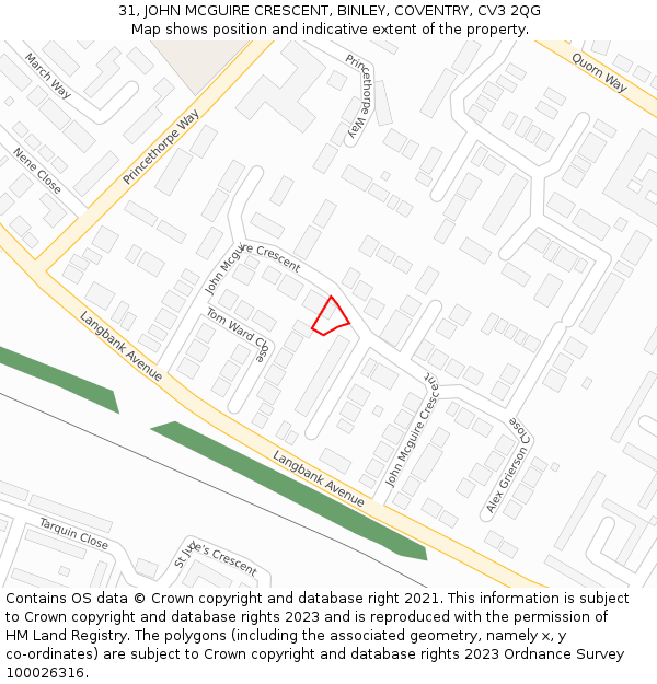 31, JOHN MCGUIRE CRESCENT, BINLEY, COVENTRY, CV3 2QG: Location map and indicative extent of plot