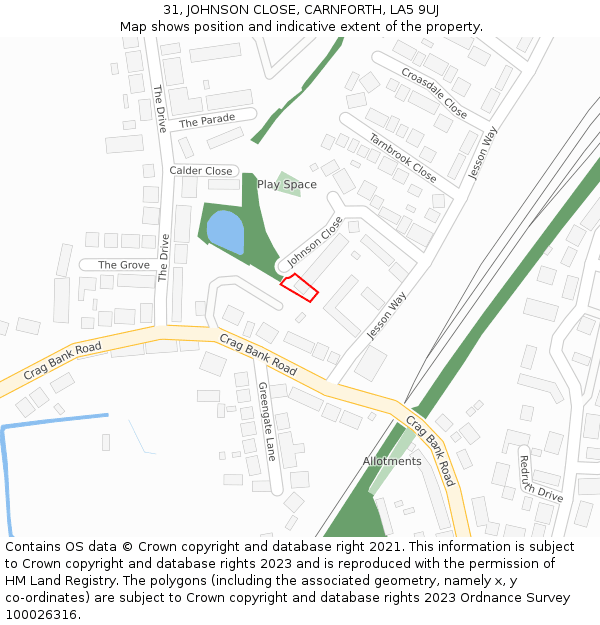 31, JOHNSON CLOSE, CARNFORTH, LA5 9UJ: Location map and indicative extent of plot