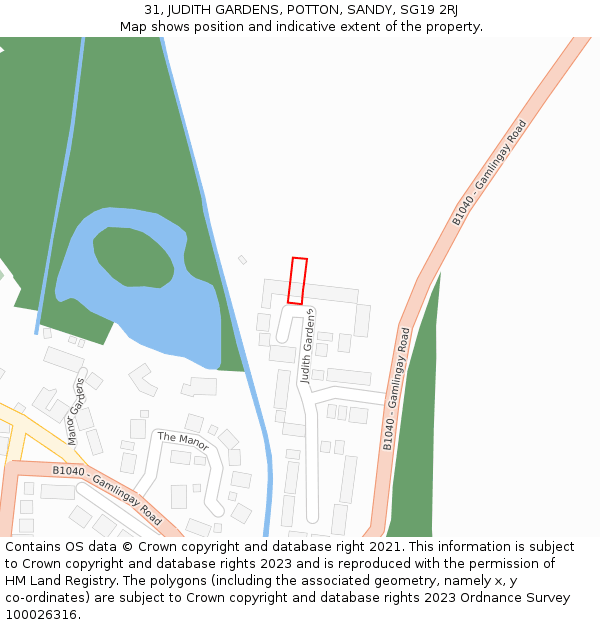 31, JUDITH GARDENS, POTTON, SANDY, SG19 2RJ: Location map and indicative extent of plot