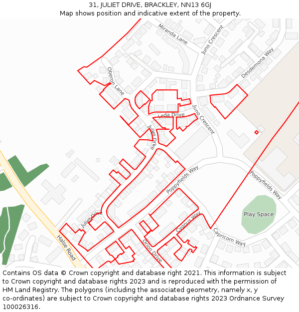 31, JULIET DRIVE, BRACKLEY, NN13 6GJ: Location map and indicative extent of plot