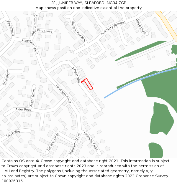 31, JUNIPER WAY, SLEAFORD, NG34 7GP: Location map and indicative extent of plot