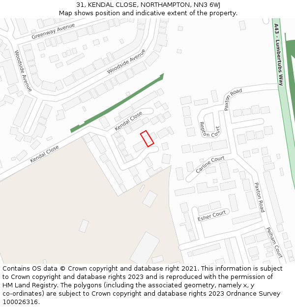 31, KENDAL CLOSE, NORTHAMPTON, NN3 6WJ: Location map and indicative extent of plot