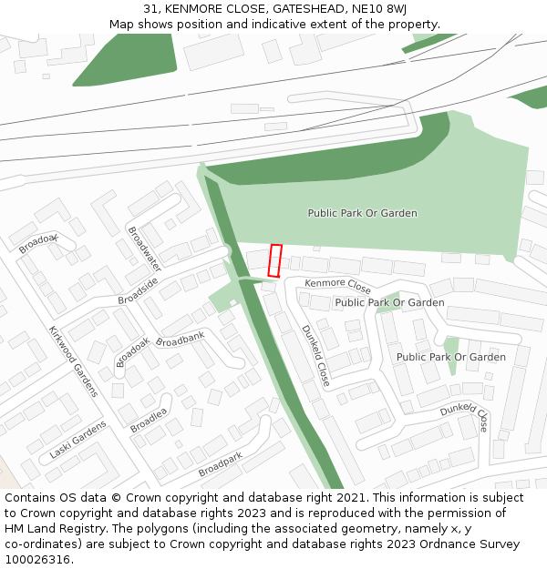 31, KENMORE CLOSE, GATESHEAD, NE10 8WJ: Location map and indicative extent of plot