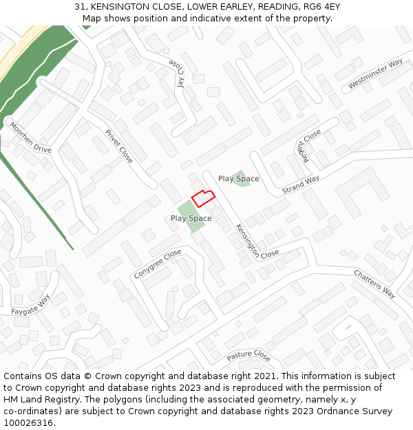 31, KENSINGTON CLOSE, LOWER EARLEY, READING, RG6 4EY: Location map and indicative extent of plot
