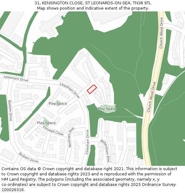 31, KENSINGTON CLOSE, ST LEONARDS-ON-SEA, TN38 9TL: Location map and indicative extent of plot