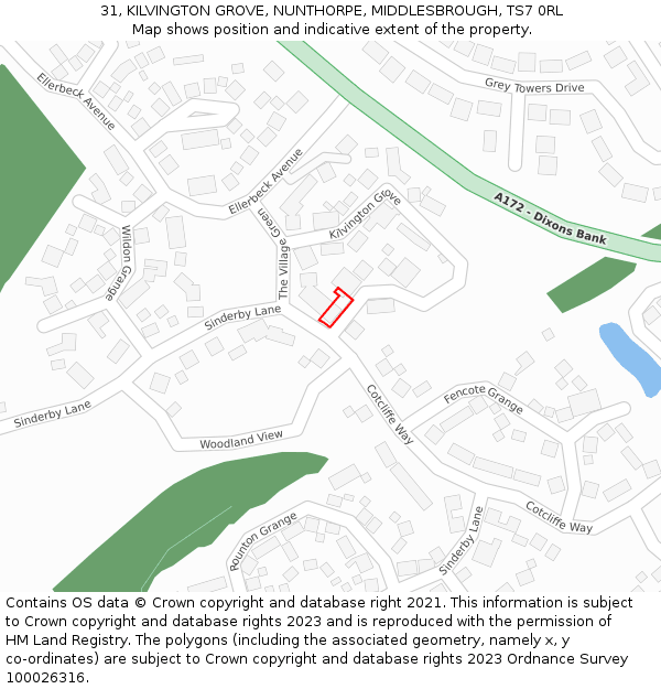 31, KILVINGTON GROVE, NUNTHORPE, MIDDLESBROUGH, TS7 0RL: Location map and indicative extent of plot