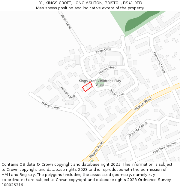 31, KINGS CROFT, LONG ASHTON, BRISTOL, BS41 9ED: Location map and indicative extent of plot