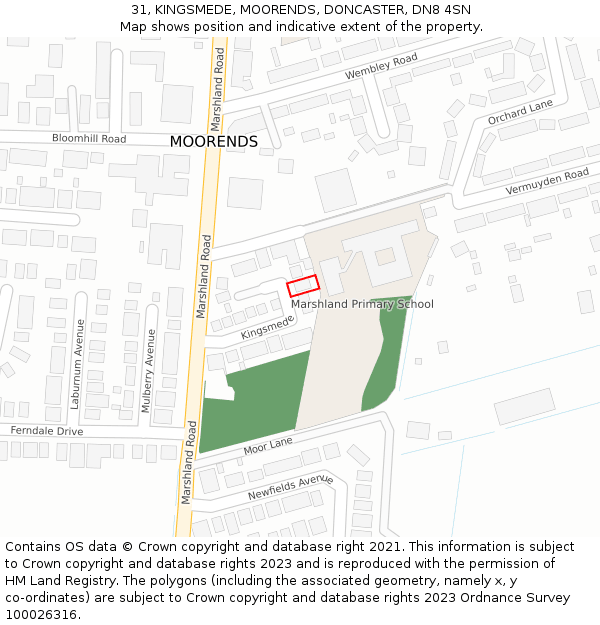 31, KINGSMEDE, MOORENDS, DONCASTER, DN8 4SN: Location map and indicative extent of plot