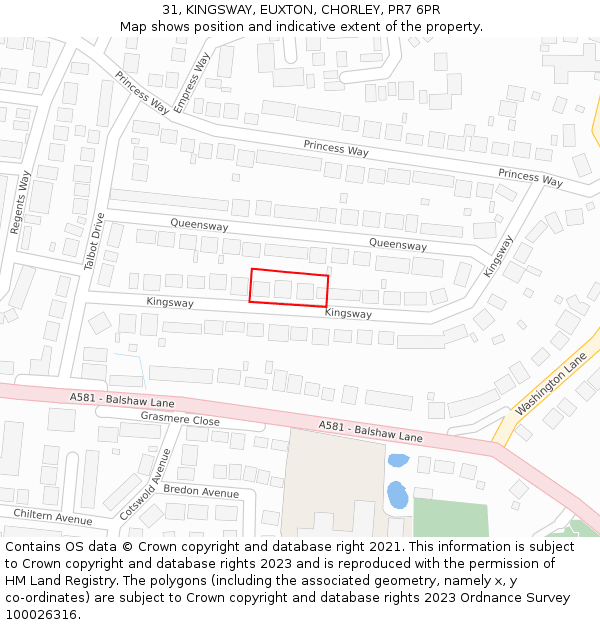 31, KINGSWAY, EUXTON, CHORLEY, PR7 6PR: Location map and indicative extent of plot