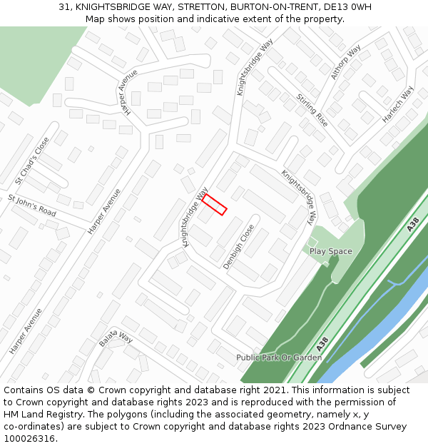 31, KNIGHTSBRIDGE WAY, STRETTON, BURTON-ON-TRENT, DE13 0WH: Location map and indicative extent of plot