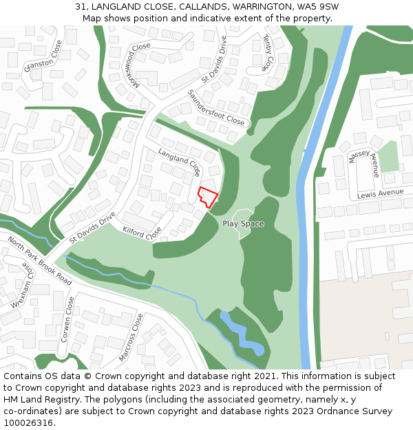 31, LANGLAND CLOSE, CALLANDS, WARRINGTON, WA5 9SW: Location map and indicative extent of plot