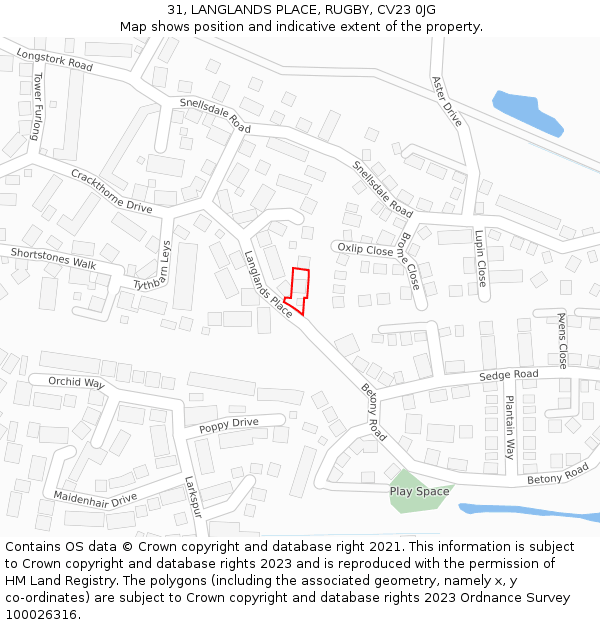 31, LANGLANDS PLACE, RUGBY, CV23 0JG: Location map and indicative extent of plot