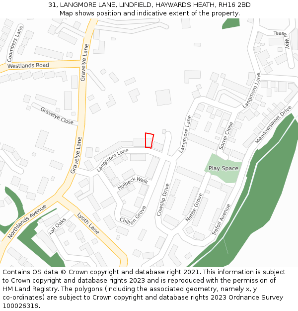 31, LANGMORE LANE, LINDFIELD, HAYWARDS HEATH, RH16 2BD: Location map and indicative extent of plot