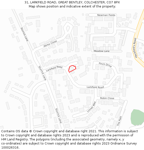 31, LARKFIELD ROAD, GREAT BENTLEY, COLCHESTER, CO7 8PX: Location map and indicative extent of plot